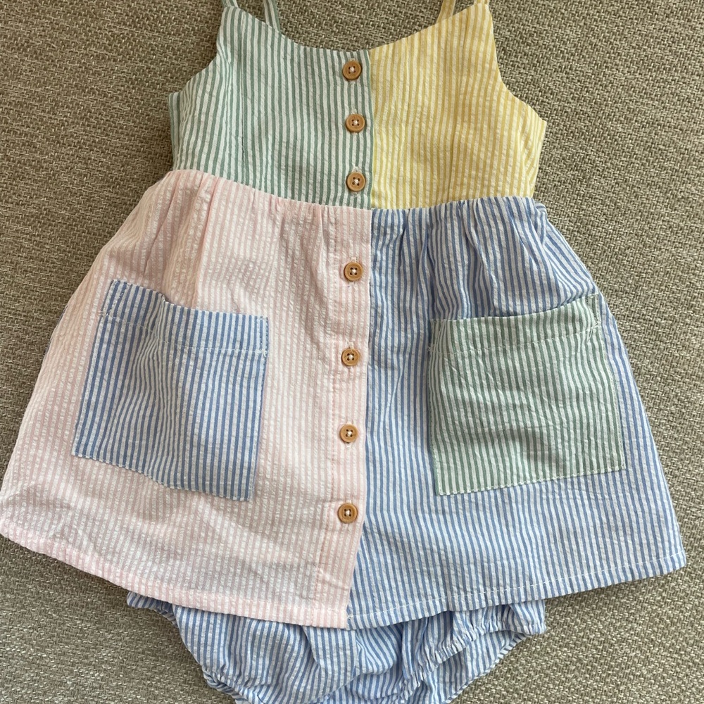 Bout’Chou Multicolor Seersucker Button-Up Dress & Bloomers - NWT